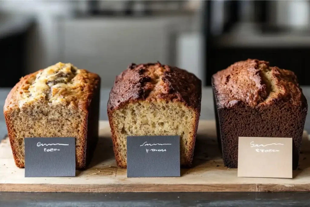 Comparison of banana bread baking results: raw, overbaked, and perfect