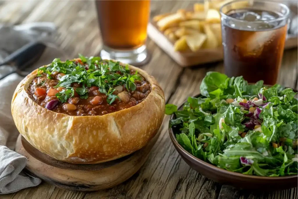 Panera chili in a bread bowl with salad and iced tea.