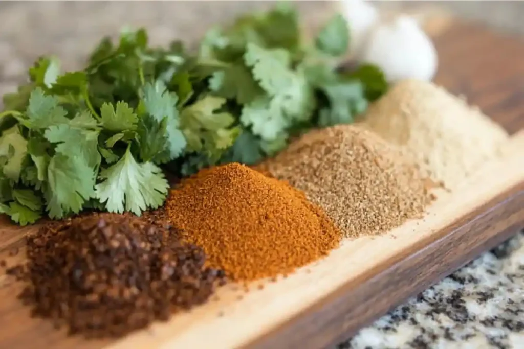 Chili seasonings like cumin and chili powder on a wooden board.