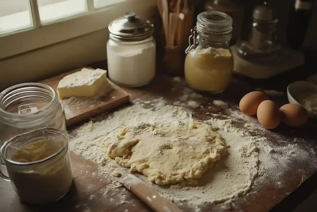 Chimney cake dough preparation with flour, eggs, and butter