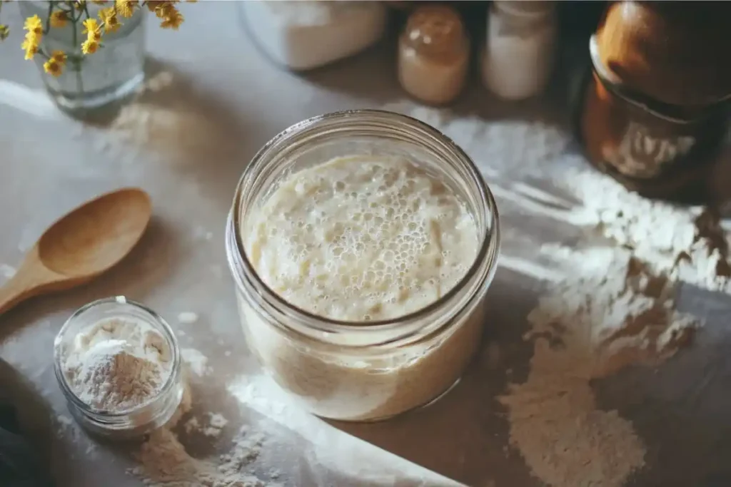 Sourdough starter bubbling in a glass jar with flour and water nearby.
