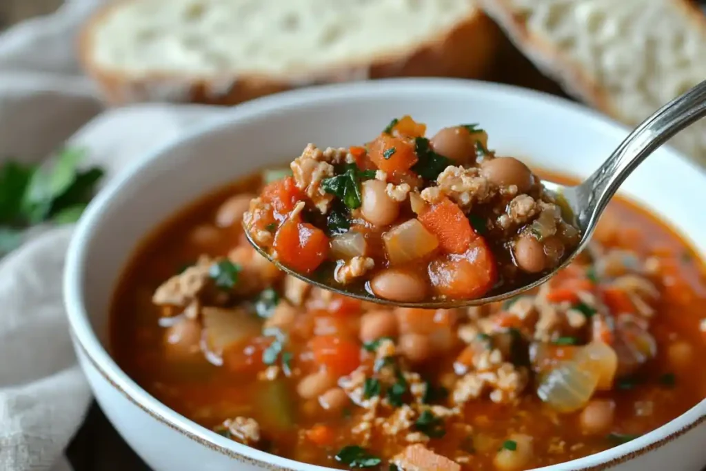 Close-up of a spoonful of Panera Bread Turkey Chili with beans and vegetables.