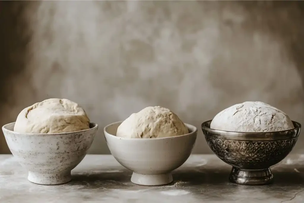 Side-by-side comparison of ceramic, stainless steel, and glass bowls for sourdough dough.