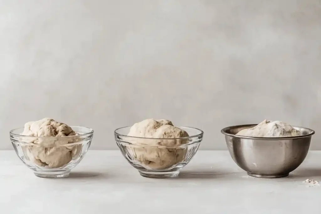 Glass, stainless steel, and ceramic bowls compared with sourdough dough inside