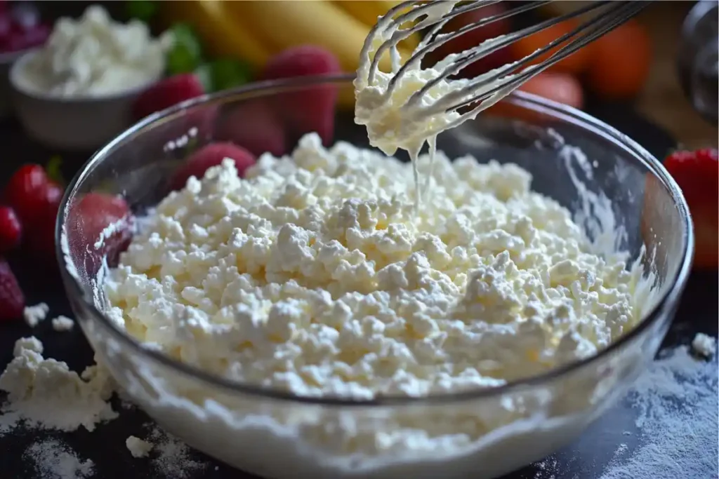 Cottage cheese being whisked into pancake batter in a glass bowl