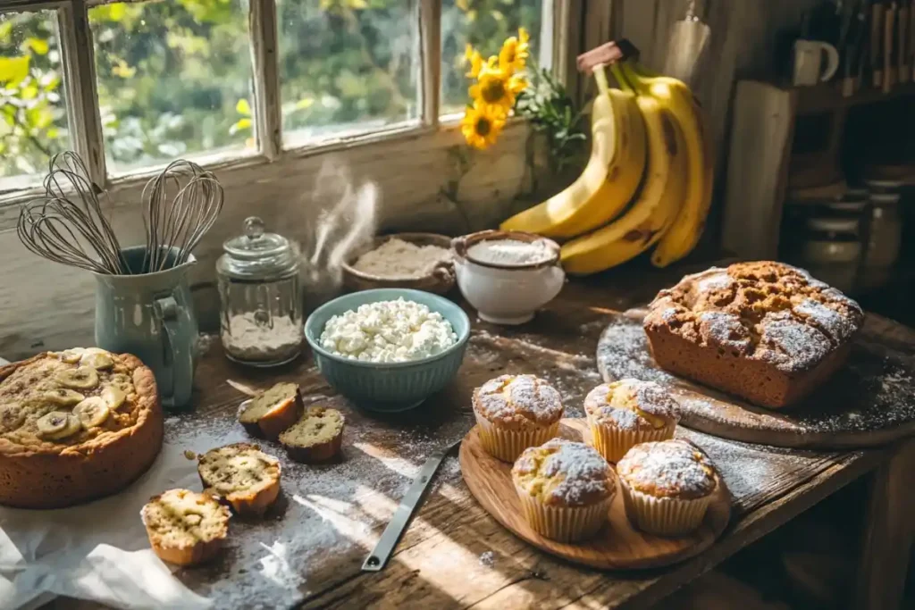 Freshly baked muffins, banana bread, and pancakes with a bowl of cottage cheese in a rustic kitchen