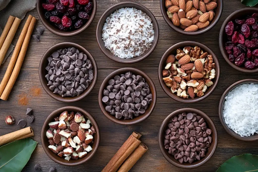 Mix-in options for banana bread cookies in small bowls