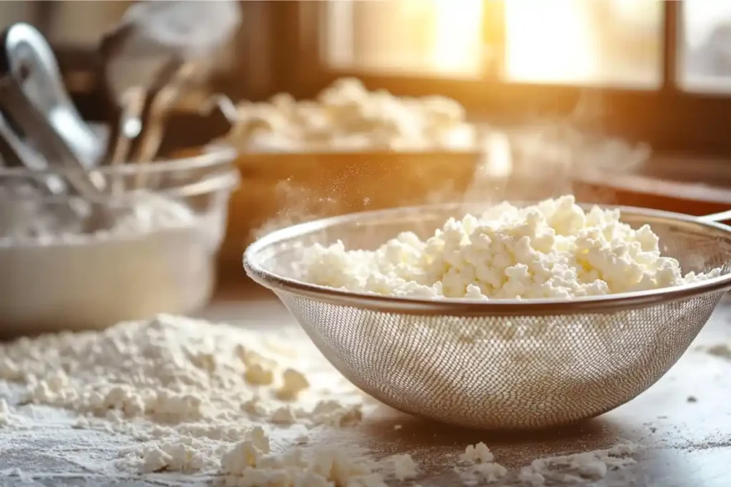 Cottage cheese being drained in a fine-mesh strainer with baking tools in the background