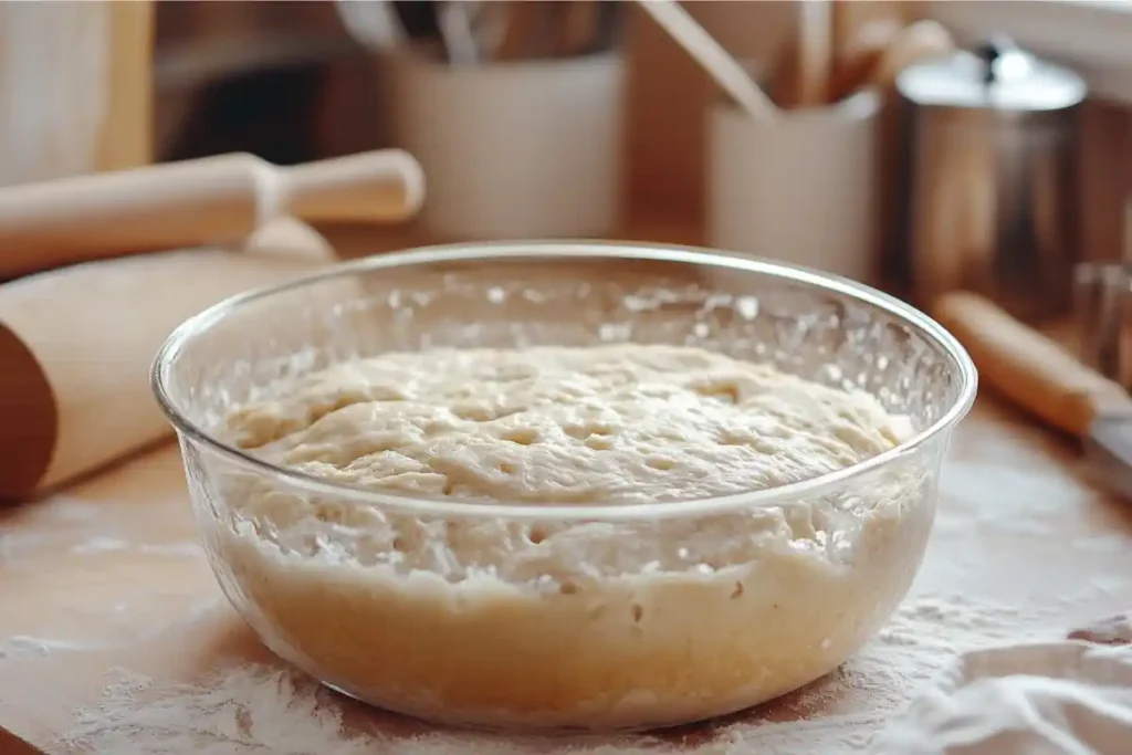 Glass bowl showing fermentation bubbles in sourdough dough