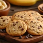 A close-up of banana bread cookies with chocolate chips arranged on a wooden board, with bowls of sliced bananas and chocolate chips in the background.