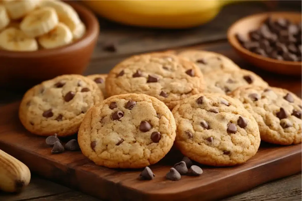 Freshly baked banana bread cookies on a wooden platter surrounded by baking ingredients