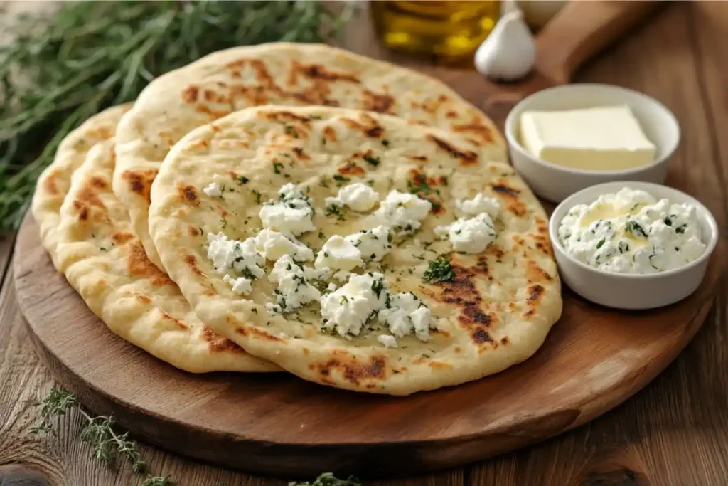 Freshly baked cottage cheese flatbread with golden edges.