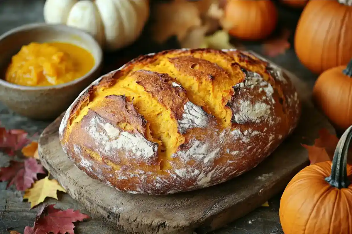 Golden-brown pumpkin sourdough bread surrounded by autumn decor