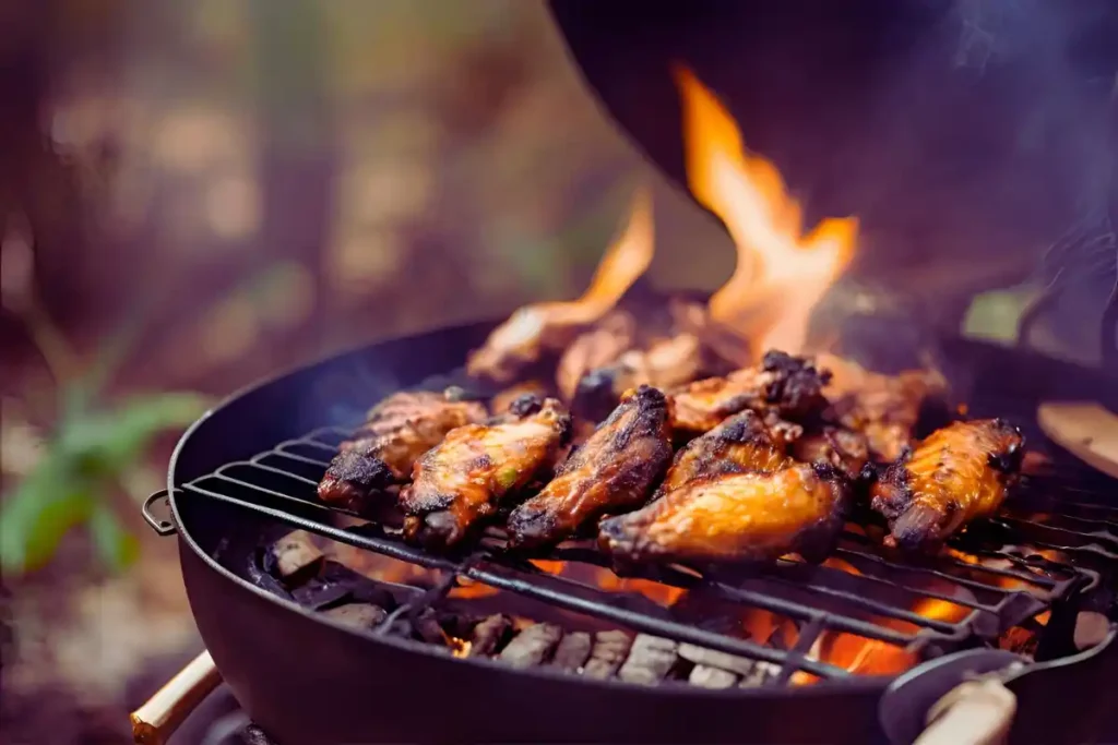 Grilled jerk wings on open fire