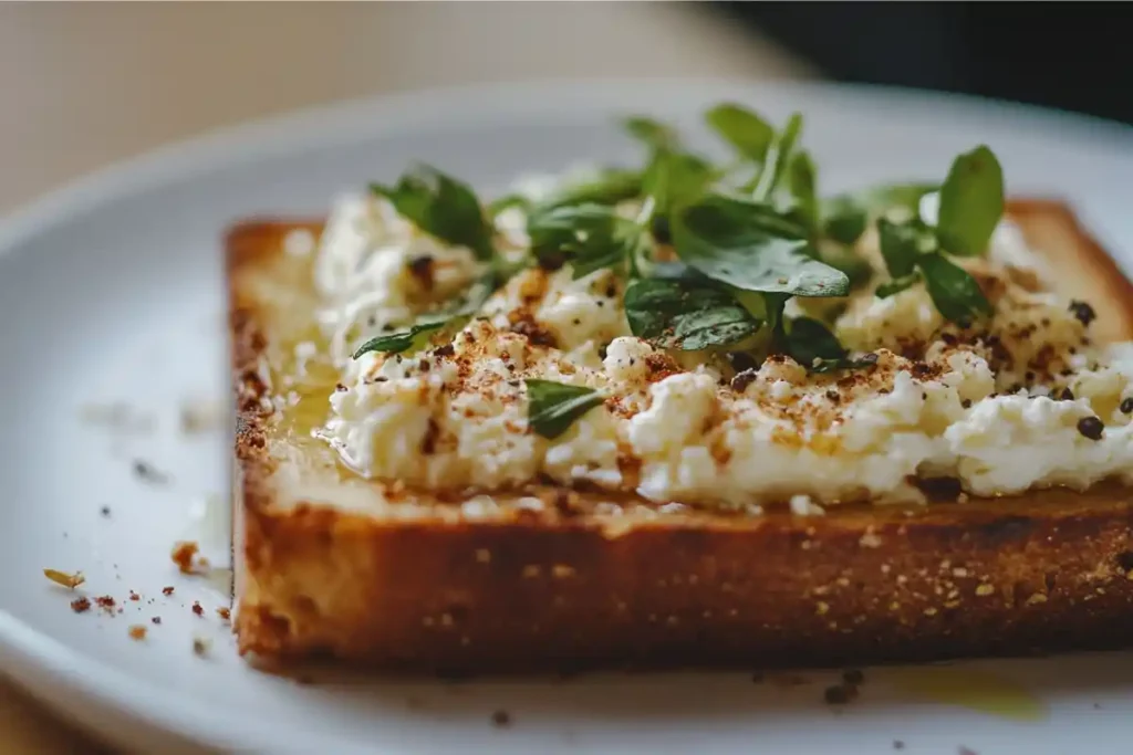 Sourdough bread topped with cottage cheese and herbs