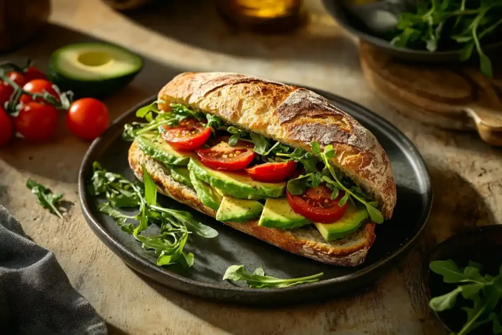 Sourdough sandwich with avocado, tomatoes, and greens