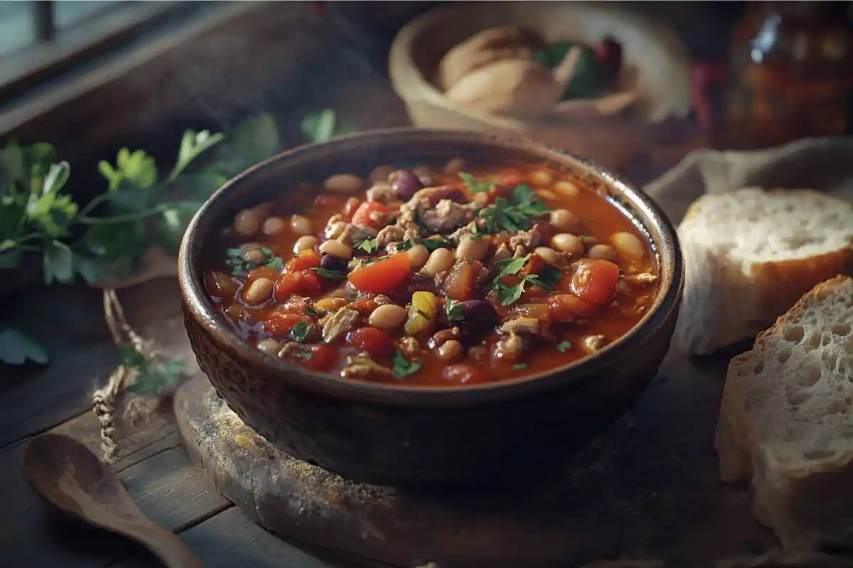 A bowl of Panera-inspired chili with crusty bread.