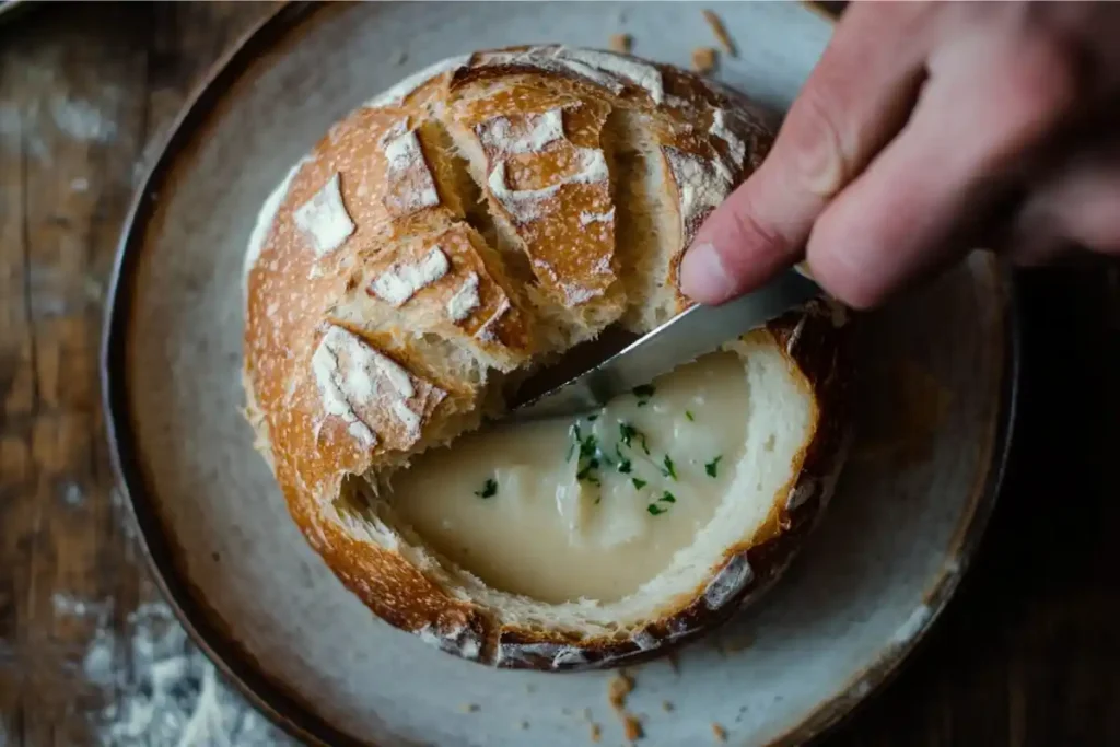 Step-by-step guide to hollowing out a sourdough bread bowl.