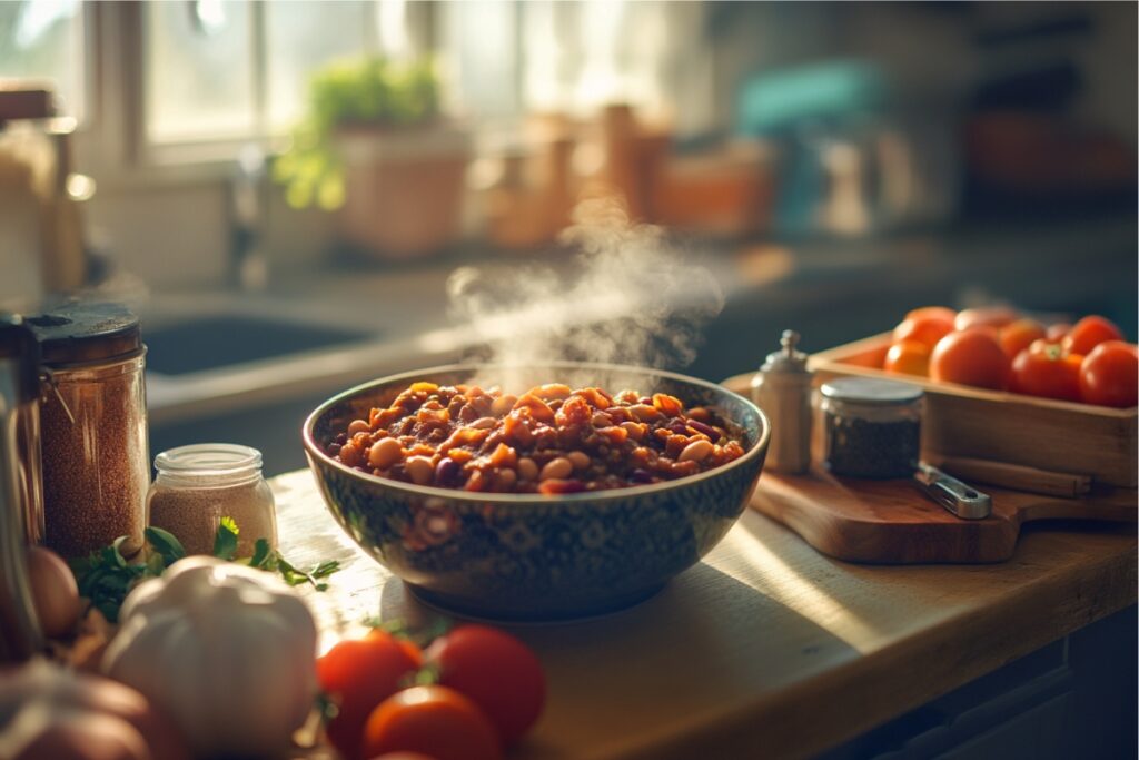 Homemade turkey chili with fresh ingredients on a kitchen counter.