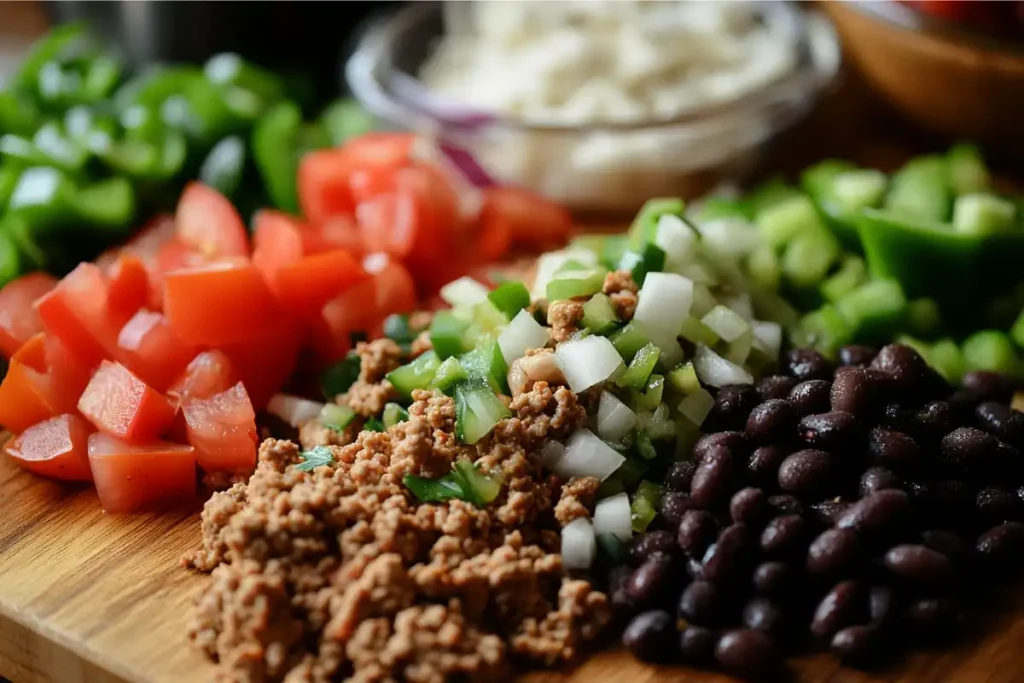  Ingredients for Panera turkey chili laid out on a wooden board.