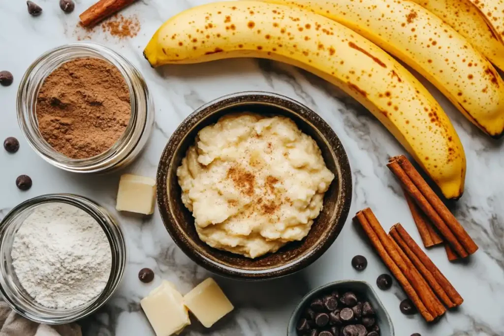 Ingredients for banana bread cookies laid out on a marble countertop