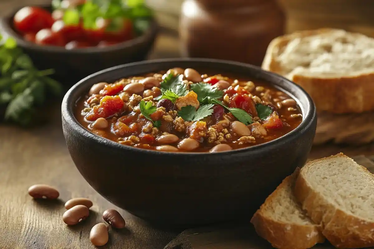 Bowl of Panera Bread Turkey Chili garnished with cilantro and served with crusty bread