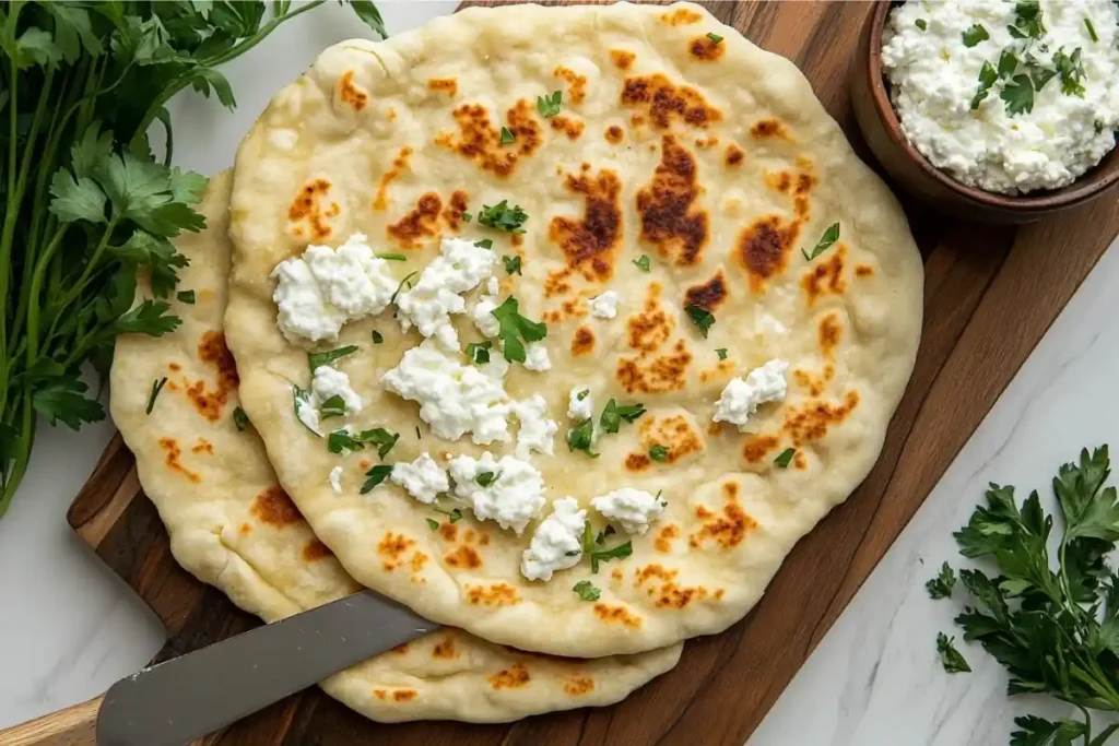 Golden crispy cottage cheese flatbread with herbs on a wooden board