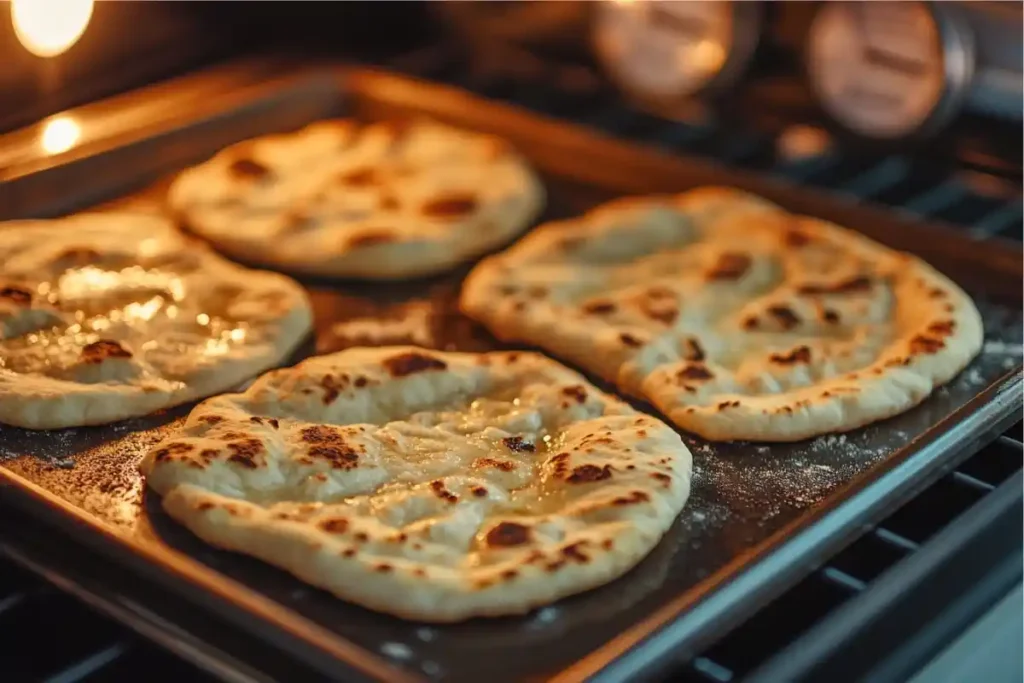 Partially baked flatbreads on a baking tray in a modern kitchen