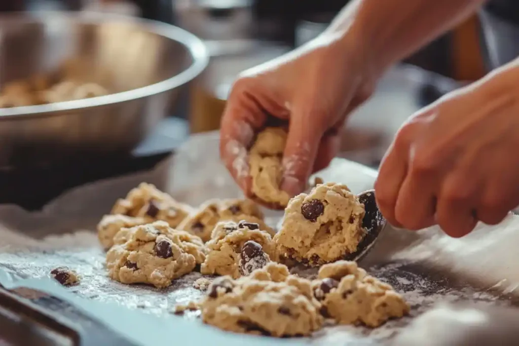 Scooping banana bread cookie dough onto a baking sheet