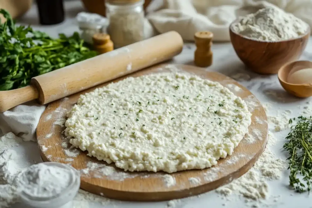 Rolling out cottage cheese flatbread dough on a floured surface.