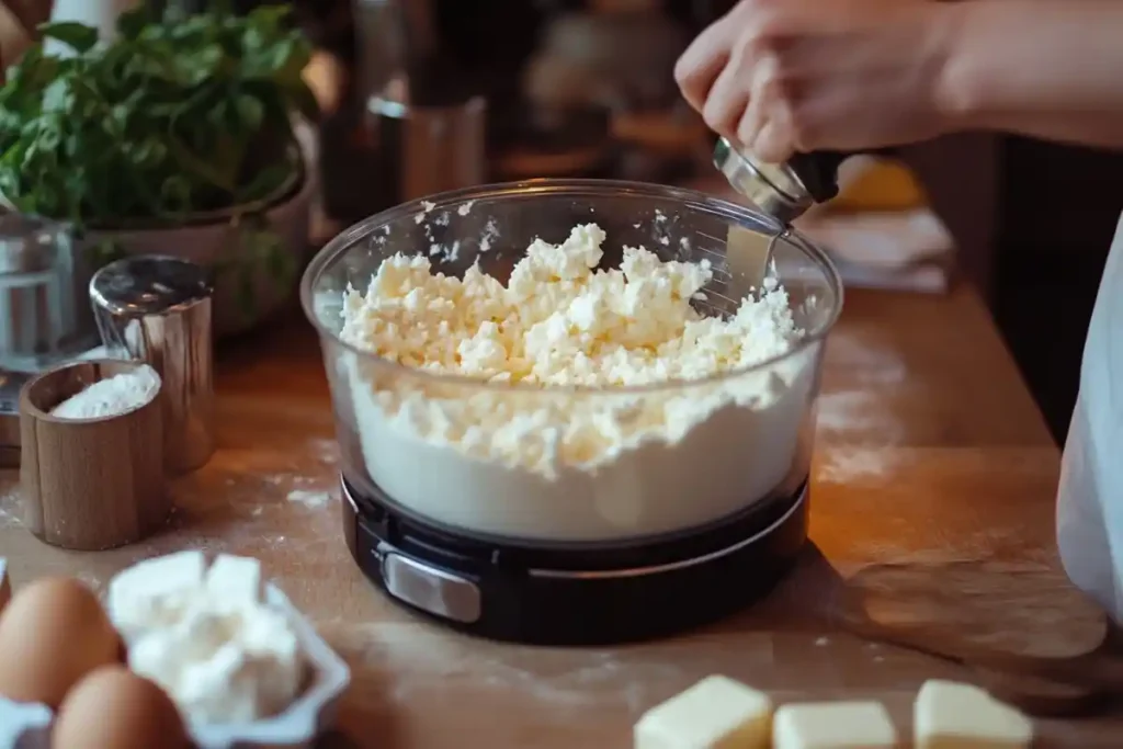 Blending cottage cheese in a food processor for baking preparation