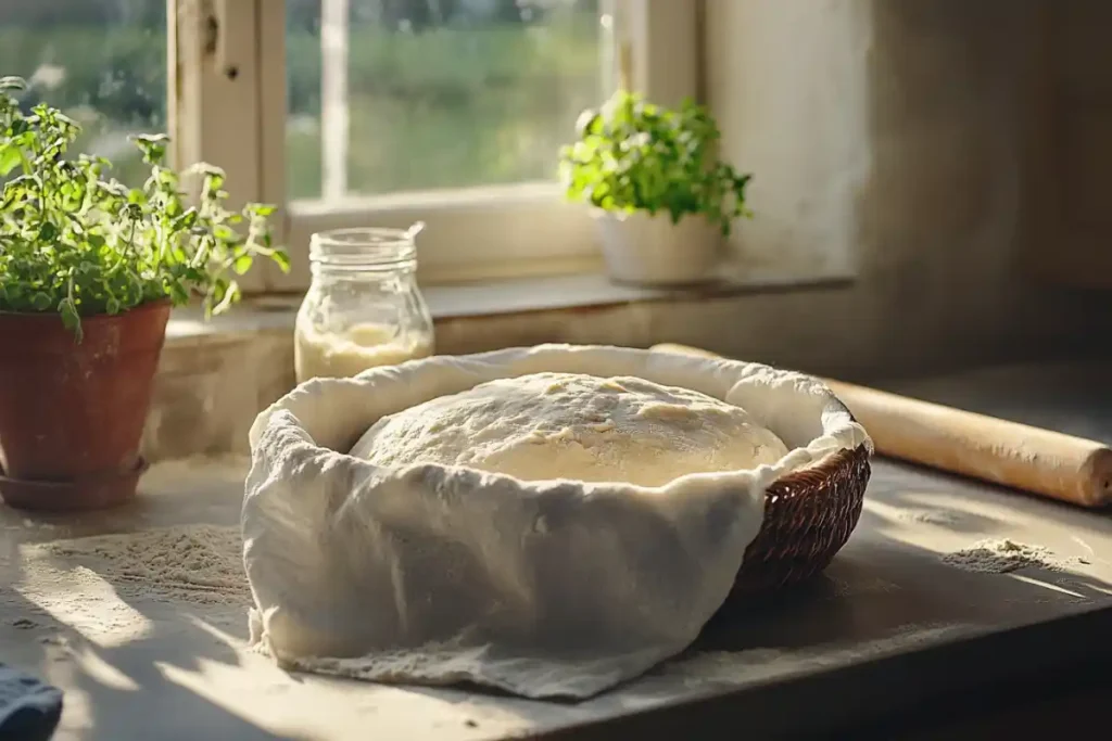 Sourdough dough proofing in a basket with a floured cloth