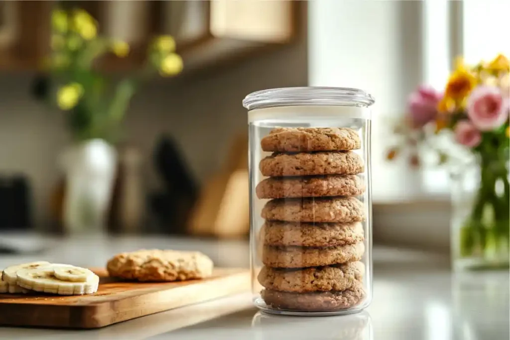 Banana bread cookies stored in a glass container with a slice of bread