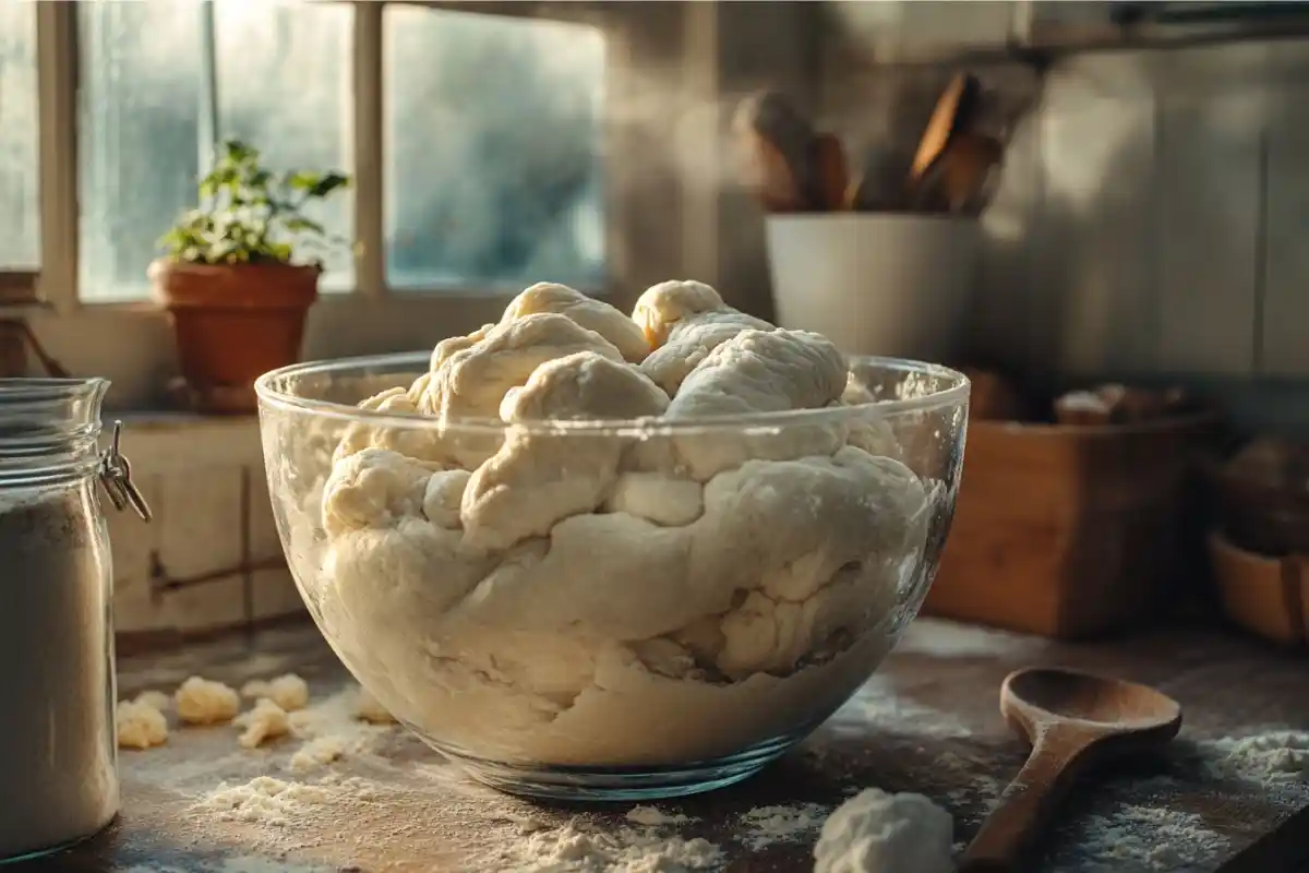 Glass bowl filled with rising sourdough dough on a rustic kitchen counter