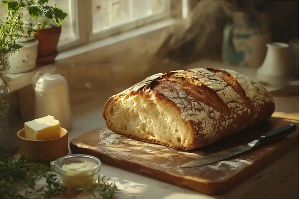 Rustic sourdough bread on a wooden cutting board with butter and herbs.