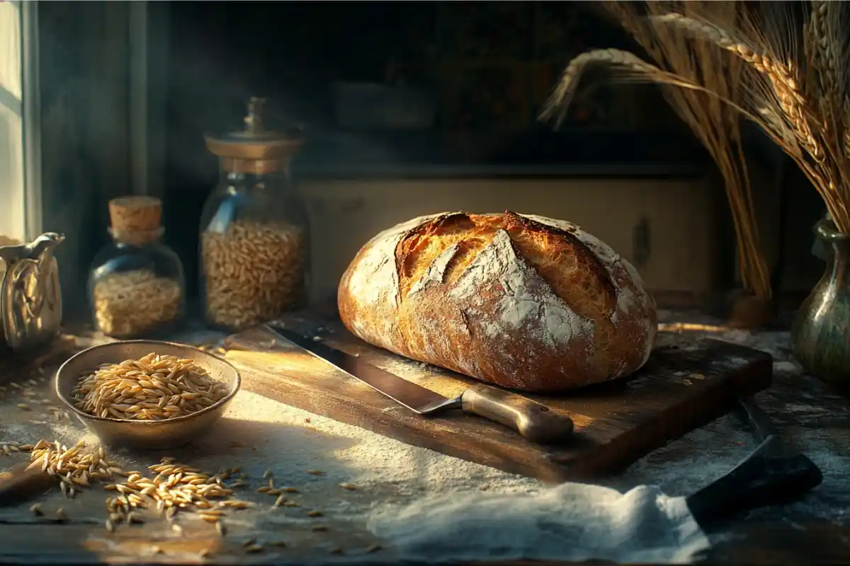 Rustic loaf of sourdough bread on a wooden board