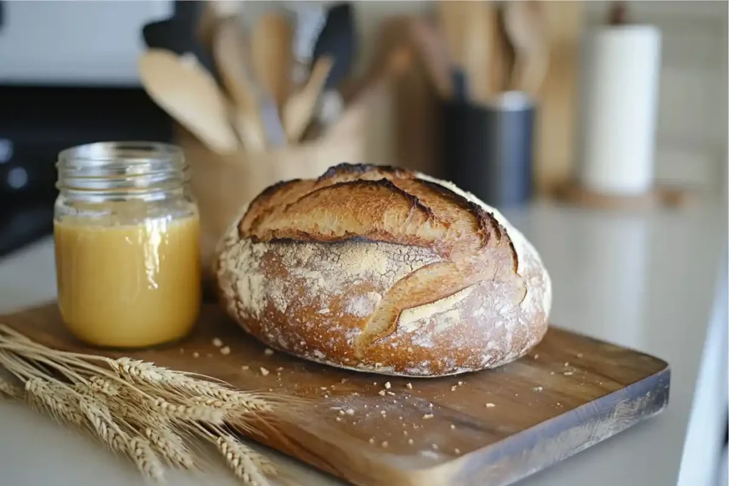 Rustic sourdough bread loaf with wheat stalks and starter jar