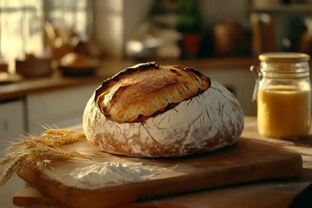 Rustic loaf of sourdough bread with natural ingredients.