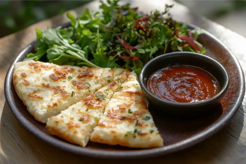 Sliced cottage cheese flatbread with golden crust and soft interior