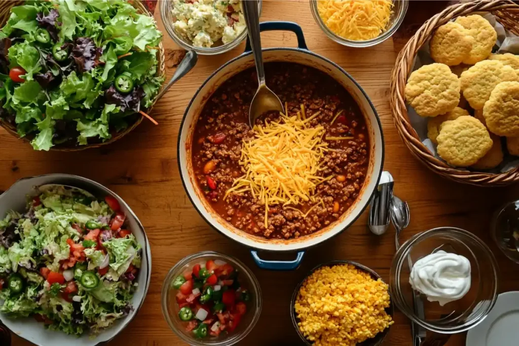 Table setup with Panera Bread Turkey Chili, toppings, and cornbread muffins.