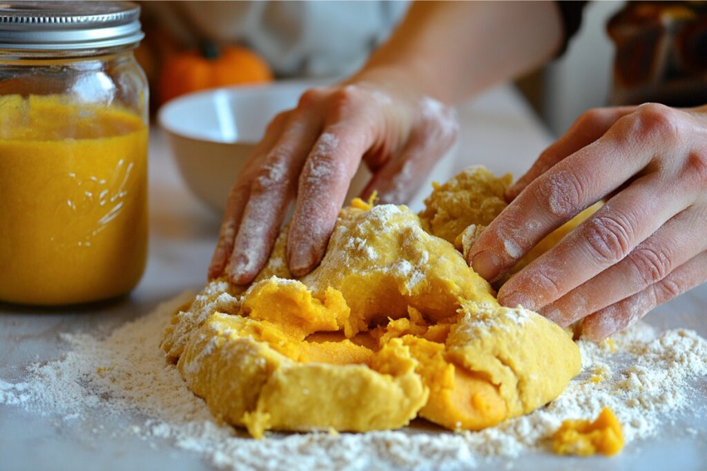 Hands shaping pumpkin sourdough dough on a floured surface