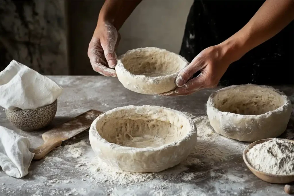 Shaping sourdough dough into bread bowls on a countertop.