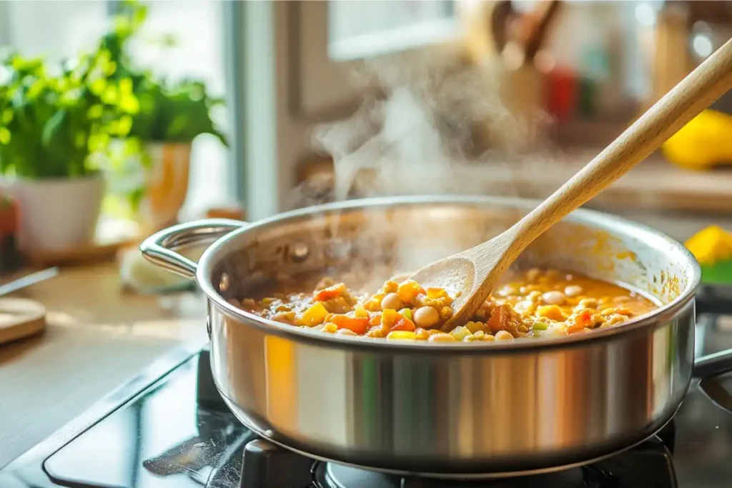 A pot of turkey chili simmering on the stovetop with steam rising.