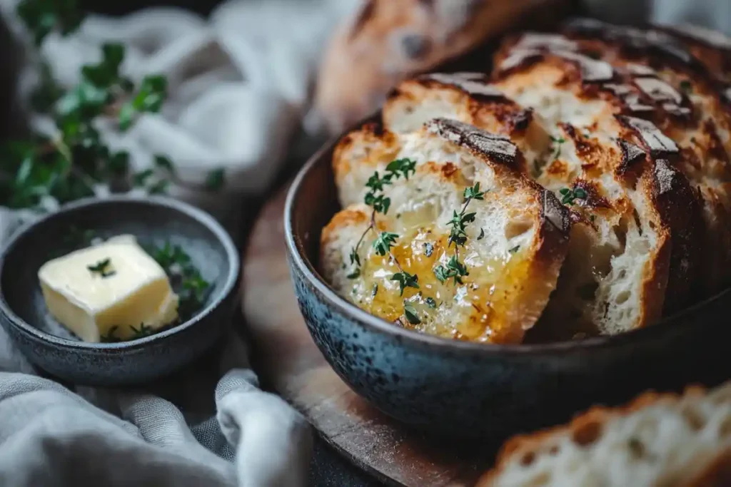 Sliced sourdough bread with crispy crust and airy texture.