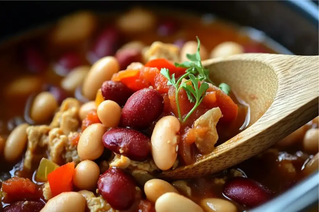 Slow cooker turkey chili with beans and tomatoes being scooped with a wooden ladle.