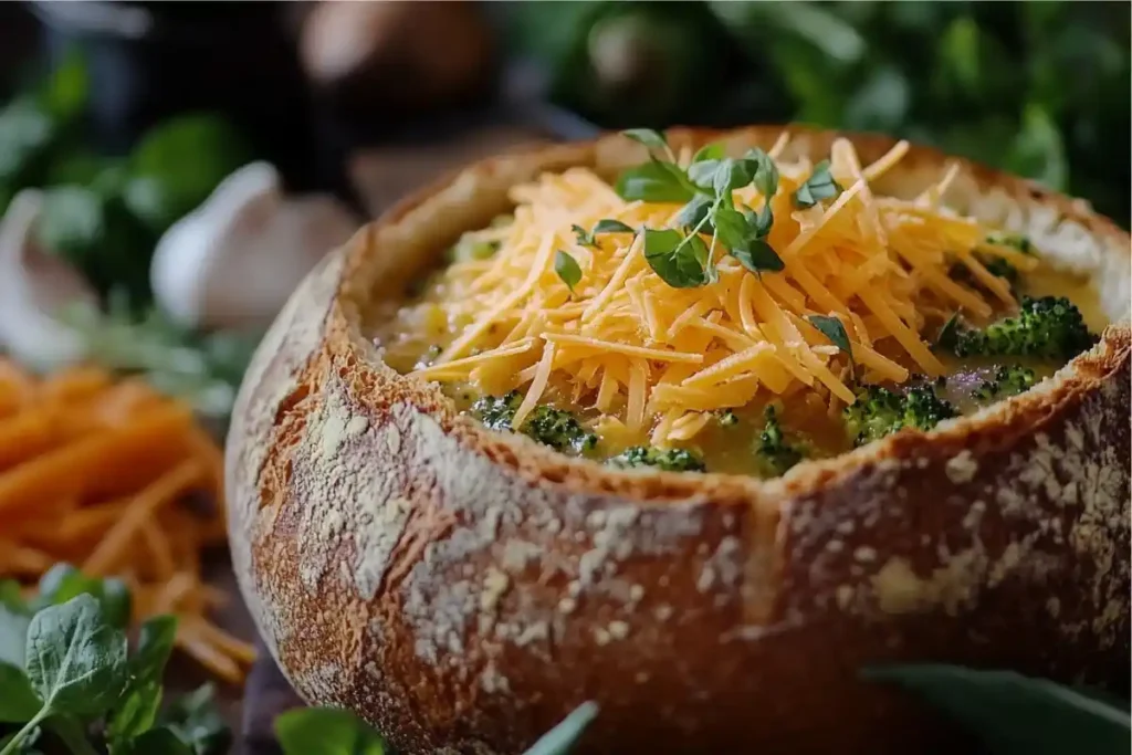 Sourdough bread bowl filled with broccoli cheddar soup.