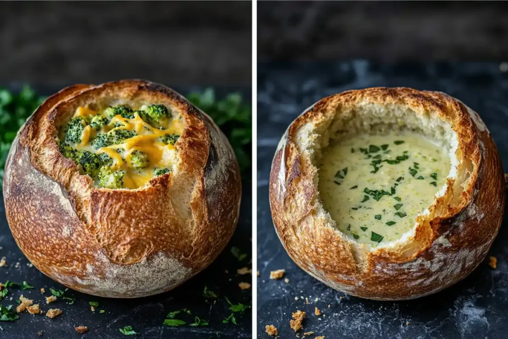 Sourdough bread bowls with broccoli cheddar soup and a hollowed-out version.