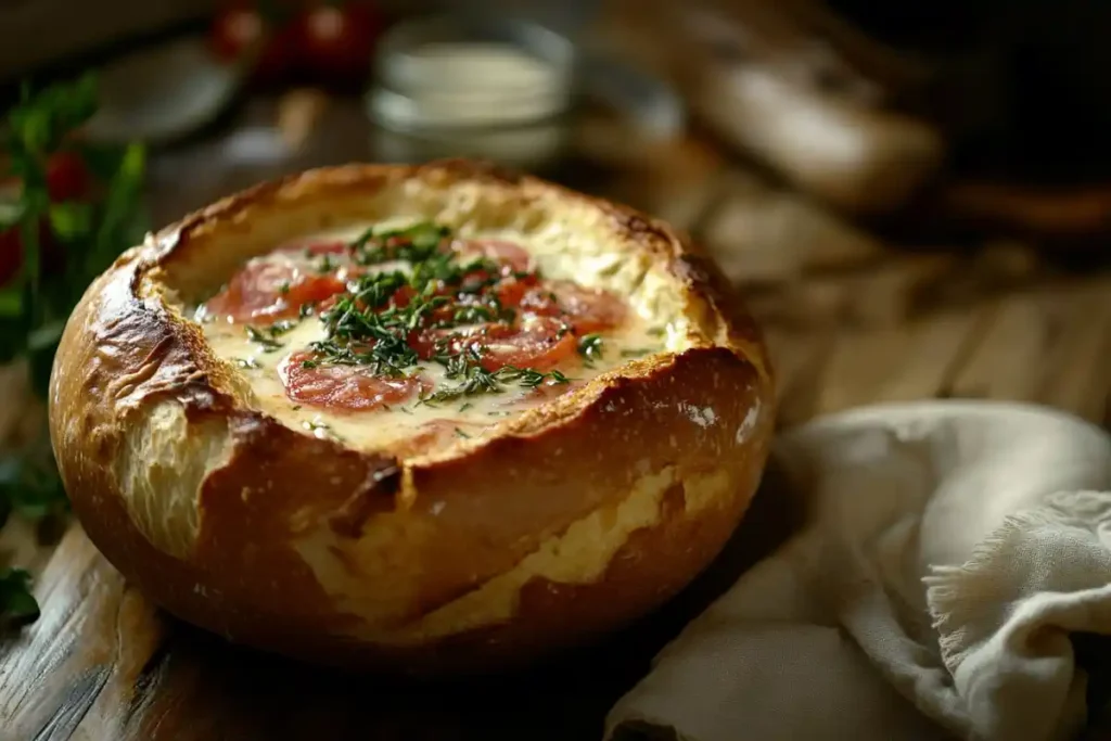 Rustic sourdough bread bowl with creamy tomato bisque.