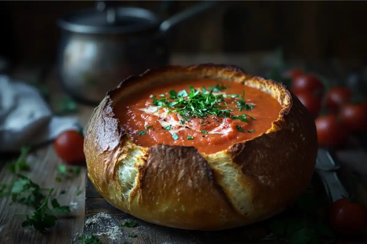 A sourdough bread bowl filled with tomato bisque.