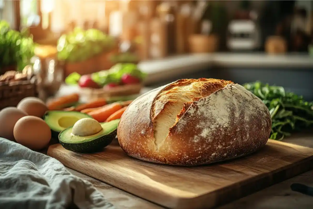 Rustic sourdough bread with healthy food ingredients